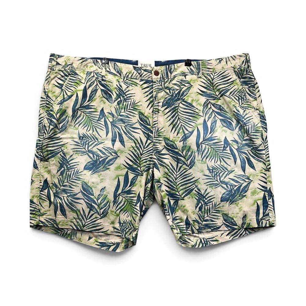 True Nation Men's Cotton Chino Shorts Tropical Floral Print Flat Front Beige